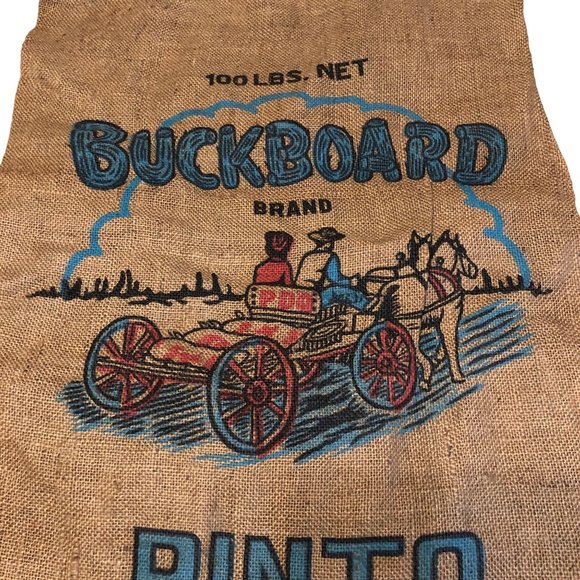 Burlap Sack BuckBoard PDQ Pinto Beans 100lbs Bag Bright Wagon Horse Western Vint - Picture 5 of 16